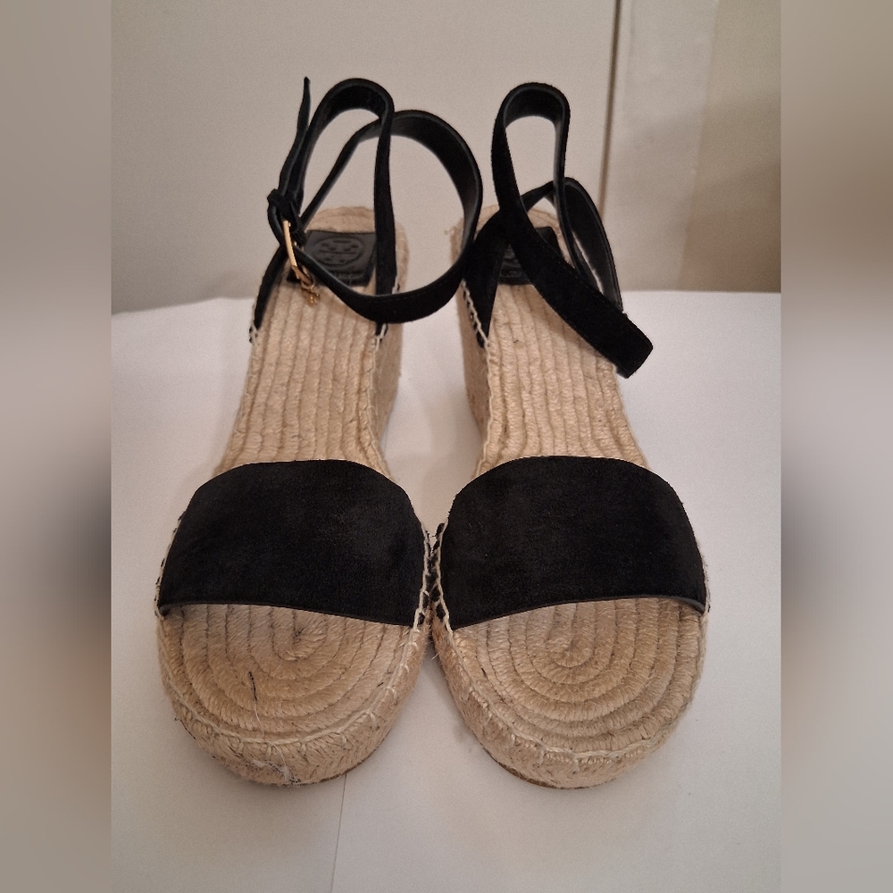 Tory Burch Black and Tan Wedge Sandals Womens Size 10